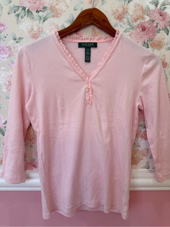 Ralph Lauren Tops - Ralph Lauren Pink Ruffle-Trim Henley Tee